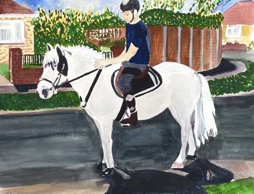 White Pony in Tudor Green – A Watercolour Painting