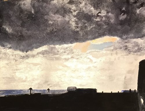 Shiny Sky above Martello Tower and beach, Clacton on Sea, Essex – A Watercolour Painting